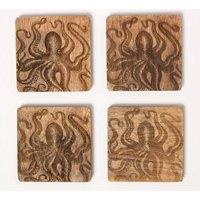 Homescapes Wooden Coaster Set with Octopus Design, Set of 4 in Natural