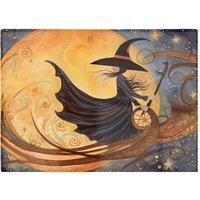 Warren Reed - Designer Whimsical Witch On A Broomstick Glass Chopping Board in Orange