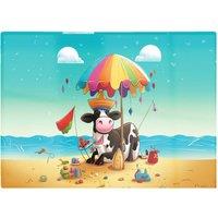Warren Reed - Designer Cow On A Beach Holiday Glass Chopping Board in Yellow