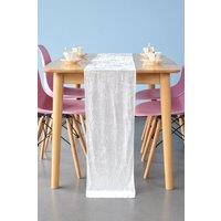 Neel Blue Crushed Velvet Table Runner, 33cm x 274cm in Ivory | Size: 33 cm x 274 cm