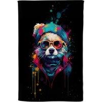 Warren Reed - Designer Multi Coloured Splashart Dog With Glasses Tea Towel in Blue