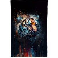 Warren Reed - Designer Tiger Face Splashart Dark Background Tea Towel in Brown