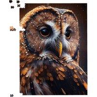 Warren Reed - Designer Tawny Owl Face Splashart Dark Background Jigsaw Puzzle in Brown | Size: 500 Piece
