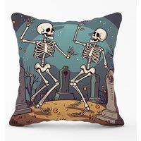 Warren Reed - Designer Dancing Skeletons In A Graveyard Cushions in Black | Size: 60 cm x 60 cm