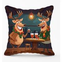 Warren Reed - Designer Reindeers Having A Beer Cushions | Size: 45 cm x 45 cm