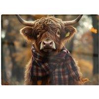 Warren Reed - Designer Highland Cow Wearing Scarf Glass Chopping Board in Brown