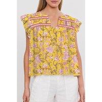 Everyday The Label Women's Yellow Floral Notched Neck Ruffled Sleeve Casual Blouse Blouses | Size: Medium
