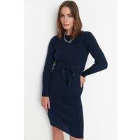 WOVCOR Women's Ribbed Knit Midi Dress with Waist Tie in Navy | Size: Small