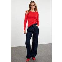 WOVCOR Women's Ribbed Crew Neck Slim Fit Knit Sweater in Red | Size: Small