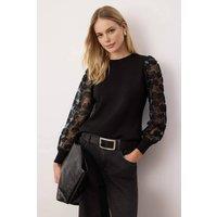WOVCOR Women's Knitted Crew-Neck Sweater With Sheer Tulle Floral Sleeves in Black | Size: Small