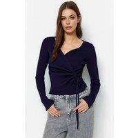 WOVCOR Women's Wrap Ribbed Knit Sweater with Ruched Side Detail in Navy | Size: Small