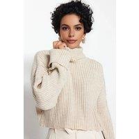 WOVCOR Women's Cropped Ribbed Turtleneck Knit Jumper in Stone | Size: Small