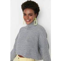 WOVCOR Women's Cropped Ribbed Turtleneck Knit Jumper in Grey | Size: Medium