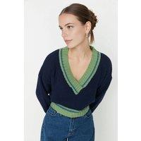 WOVCOR Women's Deep V-Neck Colour Block Knitted Sweater in Navy | Size: XS