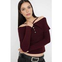 WOVCOR Women's Carmen Halter Neck Knit Sweater in Burgundy | Size: Medium