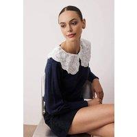 WOVCOR Women's Soft Textured Shirt Collar Garnished Knit Sweater in Navy | Size: Small