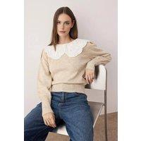 WOVCOR Women's Soft Textured Shirt Collar Garnished Knit Sweater in Stone | Size: Small