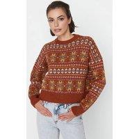 WOVCOR Women's Soft-Textured Patterned Oversize Knit Sweater in Brown | Size: Medium