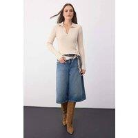 WOVCOR Women's Polo Collar Ribbed Knit Sweater in Stone | Size: Small