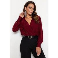 WOVCOR Women's Long Sleeve Wrap Front Draped Bodysuit in Burgundy | Size: 6