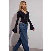 WOVCOR Women's Ruffle V-Neck Long Sleeve Knit Bodysuit in Black | Size: 6
