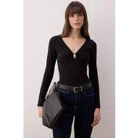WOVCOR Women's V-Neck Fitted Knit Bodysuit with Gold Ring Detail in Black | Size: XL
