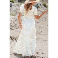 Everyday The Label Women's White Frilly Shirred Bodice Tiered Floral Maxi Dress Maxi Dresses | Size: Small