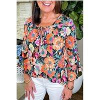 Everyday The Label Women's Black Floral 3/4 Flare Sleeve Tied V Neck Blouse Blouses | Size: Small