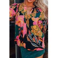 Everyday The Label Women's Black Floral Print Smocked Cuffs Puff Sleeve V Neck Blouse Blouses | Size: Small