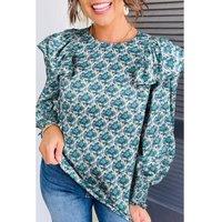 Everyday The Label Women's Green Abstract Print Shirred Cuff Puff Sleeve Blouse Blouses | Size: Medium