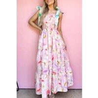 Everyday The Label Women's Pink Floral Print Knotted Shoulder Smocked Maxi Dress | Size: Small