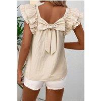 Everyday The Label Women's Beige Textured Bow Knot Frilled Butterfly Sleeve Blouse | Size: Medium