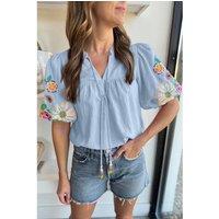 Everyday The Label Women's Beau Blue Floral Embroidered Puff Sleeve Split Neck Blouse Blouses | Size: Medium