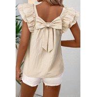 Everyday The Label Women's Beige Textured Bow Knot Frilled Butterfly Sleeve Blouse | Size: Small