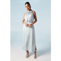 Oasis Women's Ruched Halterneck Satin Bridesmaid Midi Dress in Light Blue | Size: 14
