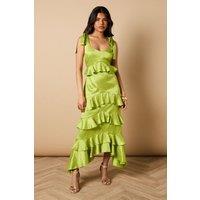 Oasis Women's Petite Printed Satin Jacquard Tiered Midi Dress in Chartreuse | Size: 10