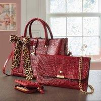 Amelie Di Santi Women's Croc Effect Handbag Collection with Tote, Clutch, Purse & Scarf in Burgundy