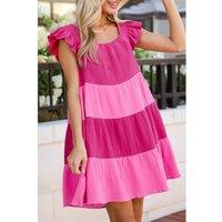 Everyday The Label Women's Pink Crinkled Colorblock Patchwork Flutter Tiered Mini Dress | Size: Medium