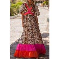 Everyday The Label Women's Bright Pink Leopard Colorblock Patchwork Bubble Sleeve Maxi Dress | Size: Small