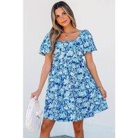 Everyday The Label Women's Blue Floral Puff Sleeve Babydoll Mini Dress | Size: Large