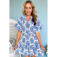 Everyday The Label Women's Ashleigh Blue Vintage Floral Print Wide Ruffled Sleeve Dress | Size: Large