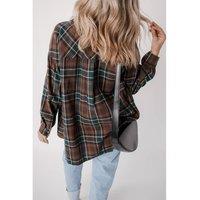 Everyday The Label Women's Brown Plaid Print Chest Pockets Buttoned Shirt Jacket Shackets | Size: Medium