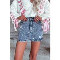Everyday The Label Women's Dusk Blue Rhinestone Distressed Denim High Waist Mini Skirt | Size: Large