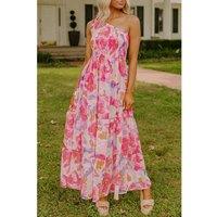 Everyday The Label Women's Pink Abstract Floral Print Shirred One Shoulder Maxi Dress | Size: XL
