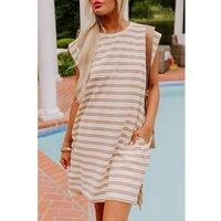Everyday The Label Women's Khaki Stripe Round Neck Sleeveless Casual Pocketed Mini Dress | Size: Large