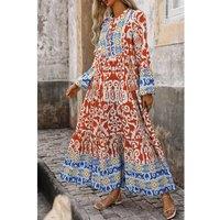 Everyday The Label Women's Orange Boho Geometric Printed Long Sleeve Maxi Dress | Size: Small