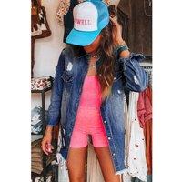 Everyday The Label Women's Sky Blue Light Wash Distressed Frayed Long Denim Jacket | Size: Medium