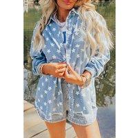Everyday The Label Women's Sky Blue Star Print Light Wash Raw Hem Denim Jacket | Size: Medium
