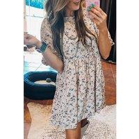 Everyday The Label Women's Beige Floral Puff Short Sleeve Empire Waist Mini Dress | Size: Large