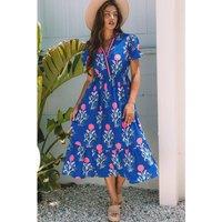 Everyday The Label Women's Sky Blue Floral Puff Short Sleeve V Neck High Waist Maxi Dress | Size: Large
